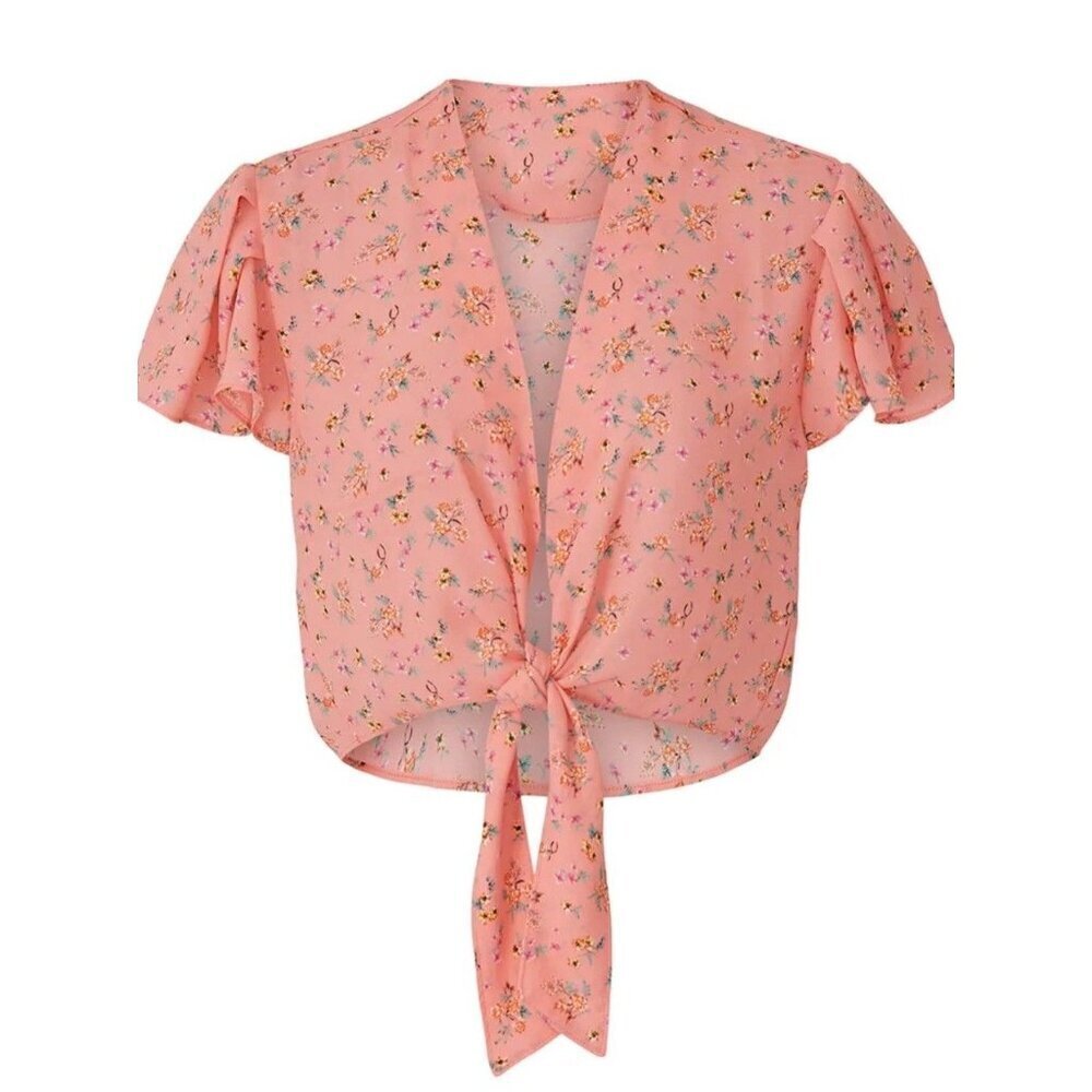 Color Me Courtney 8 Ellie Top Crop Pink Floral Tie Front Flutter Feminine Fairy